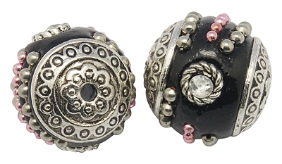 PandaHall Handmade Indonesia Beads, with Brass Core, Round, Black, Size: about 17mm in diameter, hole: 2mm. Polymer Clay Round Black
