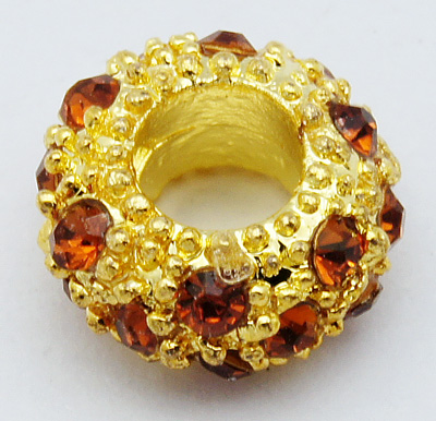 PandaHall Alloy Rhinestone European Beads, Large Hole Beads, Golden Metal Color, Smoked Topaz, 11x6mm, Hole: 5mm Rondelle Gold
