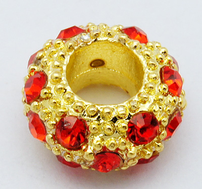 PandaHall Alloy Rhinestone European Beads, Large Hole Beads, Golden Metal Color, Light Siam, 11x6mm, Hole: 5mm Rondelle Red