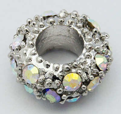 PandaHall Alloy Rhinestone European Beads, Large Hole Beads, Rondelle, Platinum Metal Color, Crystal AB, 11x6mm, Hole: 5mm Rondelle Cyan