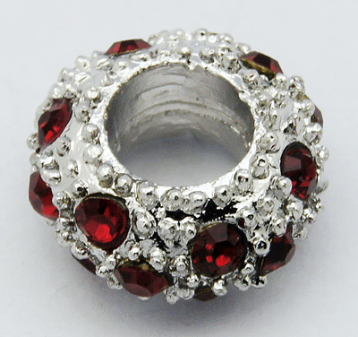 PandaHall Alloy Rhinestone European Beads, Large Hole Beads, Rondelle, Platinum Metal Color, Siam, 11x6mm, Hole: 5mm Rondelle Red