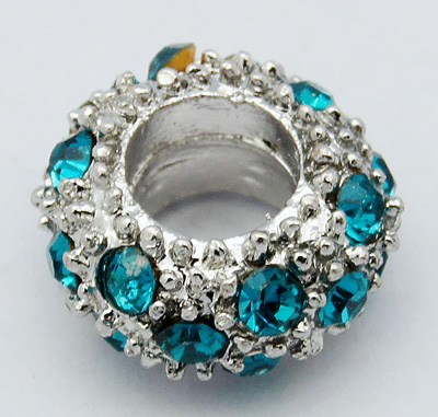 PandaHall Alloy Rhinestone European Beads, Large Hole Beads, Rondelle, Platinum Metal Color, Blue Zircon, 11x6mm, Hole: 5mm Rondelle Cyan