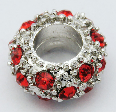 PandaHall Alloy Rhinestone European Beads, Large Hole Beads, Rondelle, Platinum Metal Color, Light Siam, 11x6mm, Hole: 5mm Rondelle Red
