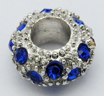 PandaHall Alloy Rhinestone European Beads, Large Hole Beads, Rondelle, Platinum Metal Color, Sapphire, 11x6mm, Hole: 5mm Alloy+Rhinestone...
