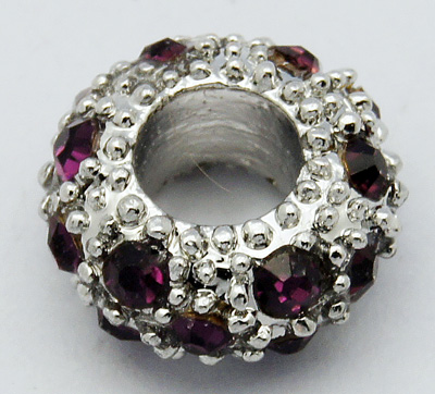 PandaHall Alloy Rhinestone European Beads, Large Hole Beads, Rondelle, Platinum Metal Color, Amethyst, 11x6mm, Hole: 5mm Rondelle Purple