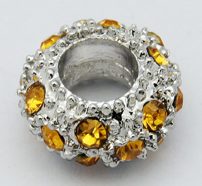 PandaHall Alloy Rhinestone European Beads, Large Hole Beads, Rondelle, Platinum Metal Color, Topaz, 11x6mm, Hole: 5mm Rondelle Gold