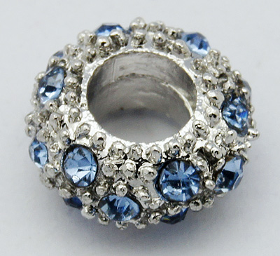 PandaHall Alloy Rhinestone European Beads, Large Hole Beads, Rondelle, Platinum Metal Color, Light Sapphire, 11x6mm, Hole: 5mm Rondelle Blue