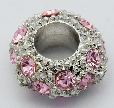 PandaHall Alloy Rhinestone European Beads, Large Hole Beads, Rondelle, Platinum Metal Color, Rose, 11x6mm, Hole: 5mm Rondelle Pink