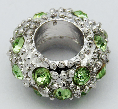 PandaHall Alloy Rhinestone European Beads, Large Hole Beads, Rondelle, Platinum Metal Color, Peridot, 11x6mm, Hole: 5mm Rondelle Green