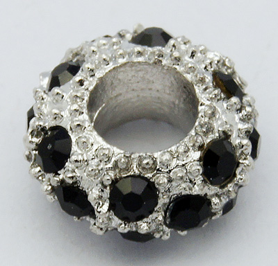PandaHall Alloy Rhinestone European Beads, Large Hole Beads, Rondelle, Platinum Metal Color, Jet, 11x6mm, Hole: 5mm Rondelle Black