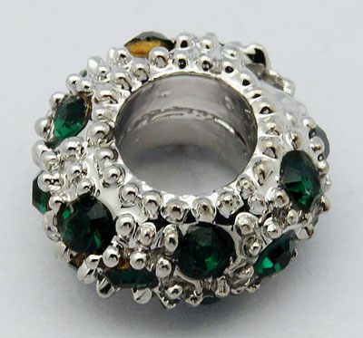 PandaHall Alloy Rhinestone European Beads, Large Hole Beads, Rondelle, Platinum Metal Color, Emerald, 11x6mm, Hole: 5mm Rondelle Green