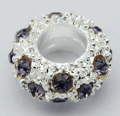 PandaHall Alloy Rhinestone European Beads, Large Hole Beads, Rondelle, Silver Metal Color, Tanzanite, 11x6mm, Hole: 5mm Rondelle Purple