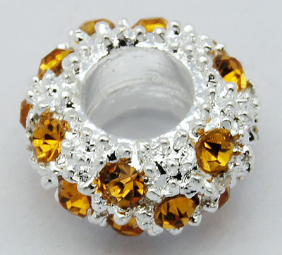 PandaHall Alloy Rhinestone European Beads, Large Hole Beads, Rondelle, Silver Metal Color, Light Colorado Topaz, 11x6mm, Hole: 5mm Rondelle...