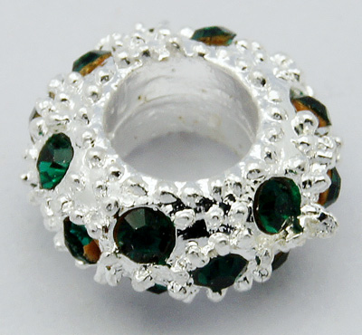 PandaHall Alloy Rhinestone European Beads, Large Hole Beads, Rondelle, Silver Metal Color, Emerald, 11x6mm, Hole: 5mm Rondelle Green