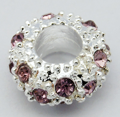 PandaHall Alloy Rhinestone European Beads, Large Hole Beads, Rondelle, Silver Metal Color, Light Amethyst, 11x6mm, Hole: 5mm Rondelle Purple