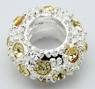 PandaHall Alloy Rhinestone European Beads, Large Hole Beads, Rondelle, Silver Metal Color, Jonquil, 11x6mm, Hole: 5mm Rondelle Yellow
