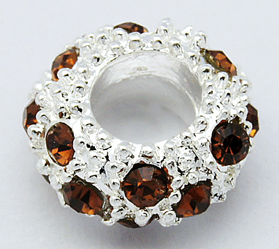 PandaHall Alloy Rhinestone European Beads, Large Hole Beads, Rondelle, Silver Metal Color, Sienna, 11x6mm, Hole: 5mm Rondelle Brown