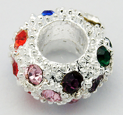 PandaHall Alloy Rhinestone European Beads, Large Hole Beads, Rondelle, Silver Metal Color, Colorful, 11x6mm, Hole: 5mm Rondelle
