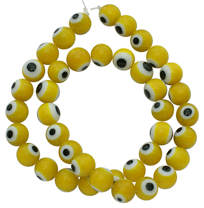 PandaHall Handmade Italianate Lampwork Strands, Evil Eye Style, Round, Yellow, about 10mm in diameter, hole: 1mm; about 40pcs/strand, 15"...