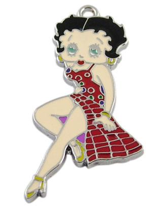 PandaHall Alloy Enamel Pendants, Lead Free and Cadmium Free, Pretty Girl, Platinum, Red, about 43.5mm long, 21.5mm wide, 2mm thick, hole...