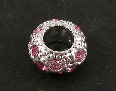 PandaHall Brass European Beads, with Rhinestones, Rondelle, Pink/Silver Color, about 11mm wide, 6mm long; hole: 5mm Rondelle