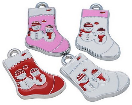 PandaHall Alloy Enamel Pendants, Lead Free and Cadmium Free, Christmas Stockings, Platinum Color, Mixed Color, 26x15x2mm, Hole: 2mm...