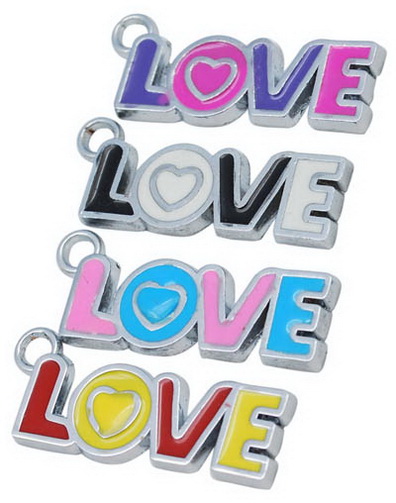 PandaHall Valentines Gift Idea Alloy Enamel Pendants, Lead Free and Cadmium Free, Word Love, Platinum Color, Mixed Color, 32x11x2mm, Hole...