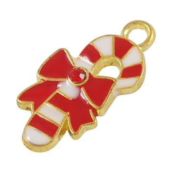 PandaHall Alloy Enamel Pendants, with Rhinestone, Christmas Crutch, Red and White, Golden, 27x14x3mm, Hole: 3mm Alloy Rhinestone+Enamel...