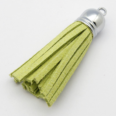 PandaHall Suede Tassels, with Brass Findings, Nice for DIY Earring or Cell Phone Straps Making, Platinum, LightGreen, 55~65x12mm, Hole...