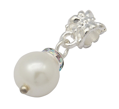 PandaHall Imitation Pearl  Acrylic European Dangle Pendants, with Brass Findings and Rhinestone, Silver Metal Color, White, 29mm, Hole...