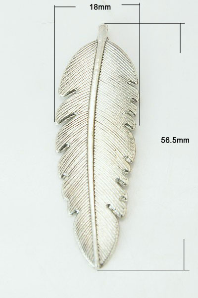PandaHall Tibetan Style Alloy Feather Big Pendants Lead Free, Antique Silver, 56.5x18x3mm, Hole: 2mm Alloy Feather