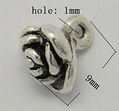 PandaHall Alloy Charms, Nickel Free, Flower, Antique Silver Color, Size: about 8mm wide, 9mm long, 6.5mm thick, hole: 1mm Alloy Flower