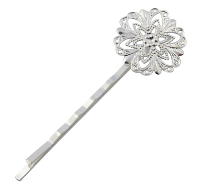 PandaHall Iron Hair Bobby Pin Findings, with Brass Flower Tray, Silver, Tray: 21x21mm; 63x21mm Brass