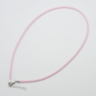 PandaHall Silk Necklace Cord, with Brass Lobster Claw Clasp and Extended Chain, Platinum, Pink, 17~18.5" Silk Pink