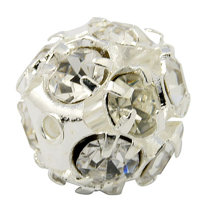 PandaHall Brass Clear Rhinestone Beads, Grade B, Round, Silver, 8mm Brass+Rhinestone Round Clear