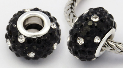 PandaHall Resin European Beads, with Silver Color Brass Double Cores and Rhinestones, Rondelle, Jet & Crystal, 15x9.4mm, Hole: 5mm Round...