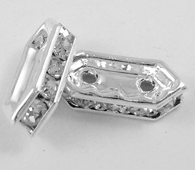 PandaHall Brass Middle East Rhinestone Bridge Spacers, 10 pcs Clear Rhinestone Beads, Silver Color, Nickel Free,  Hexagon, about 4.5mm wide...