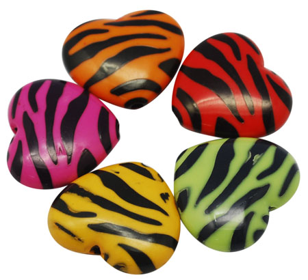 PandaHall Opaque Acrylic Beads, Zebra Striped Style, Heart, Mixed Color, Size: about 23m long, 26mm wide, 9mm thick, hole: 2mm, about...