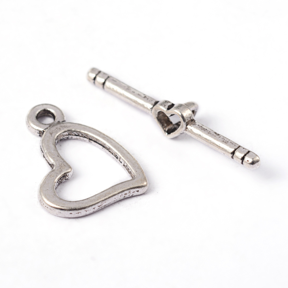 PandaHall Tibetan Style Toggle Clasps, Lead Free and Cadmium Free, Heart, Antique Silver, Size: about Heart: 14mm wide, 18mm long, Bar: 28mm...