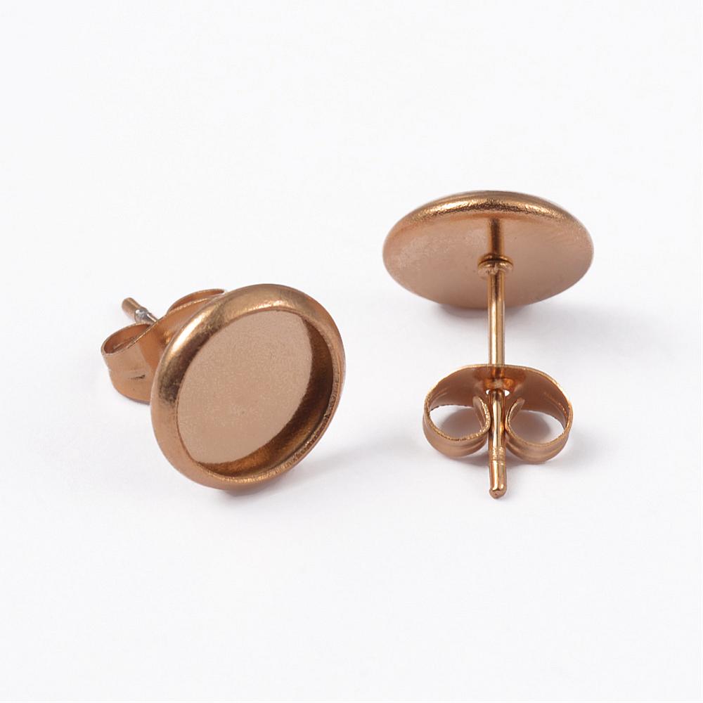 PandaHall 304 Stainless Steel Stud Earring Settings, Golden, Tray: 8mm; 14x10mm; Pin: 0.8mm Stainless Steel