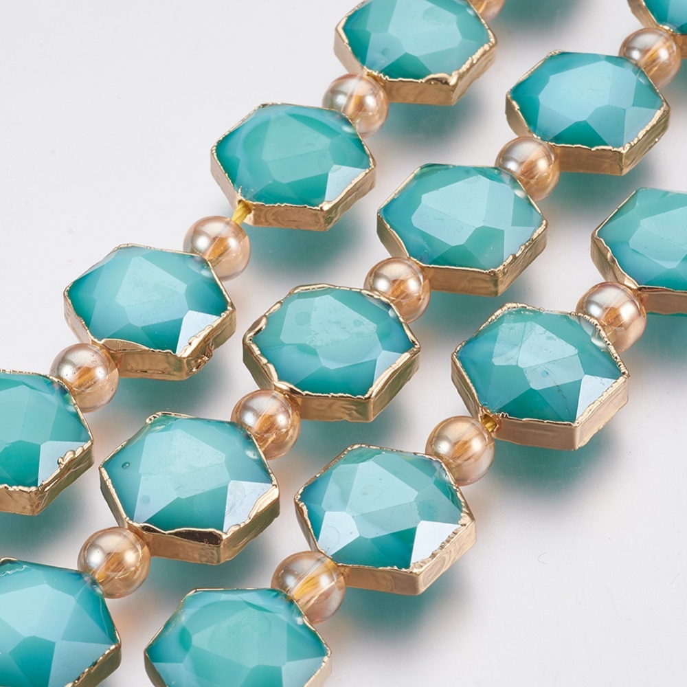 PandaHall Electroplate Glass Beads Strands, Faceted, with Golden Tone Brass Edge, Full Plated, Hexagon & Round, LightSeaGreen...