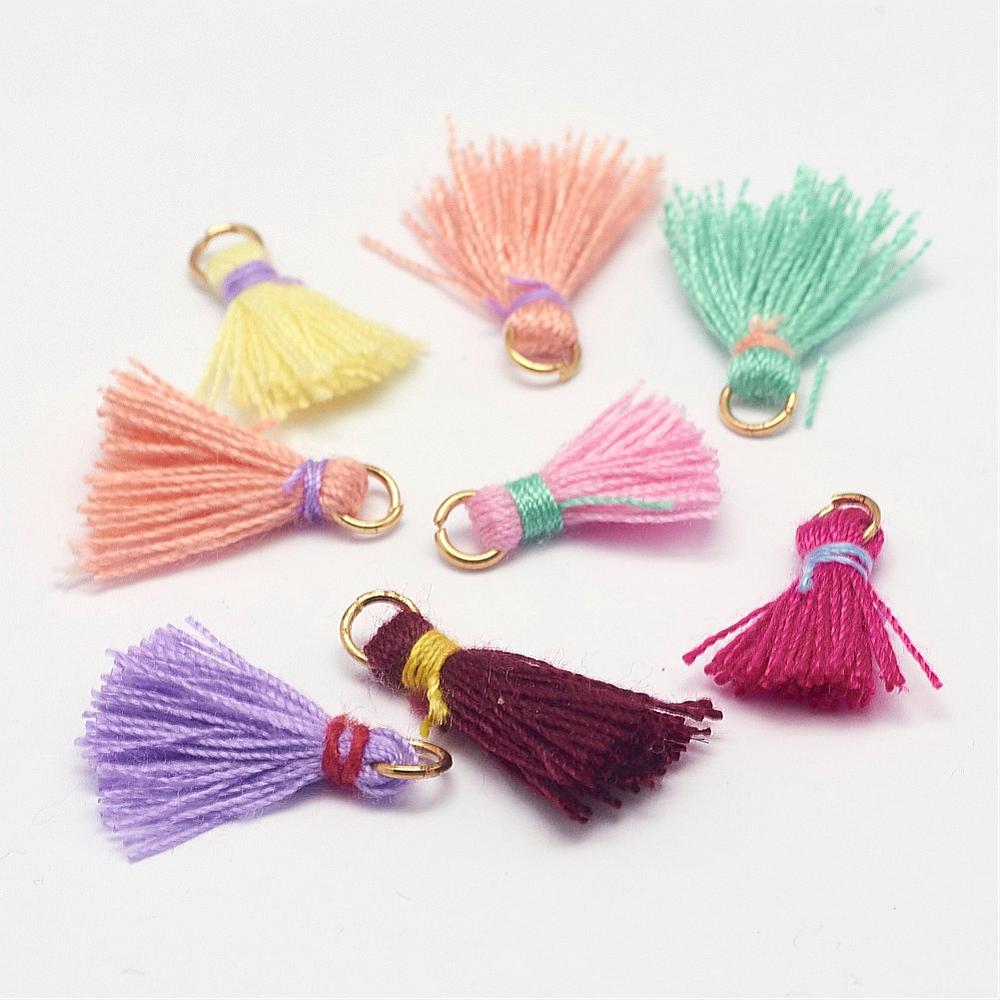 PandaHall Cotton Tassel Pendant Decorations, with Brass Finding, Golden, Mixed Color, 16~22x5mm, Hole: 2mm Cotton Multicolor
