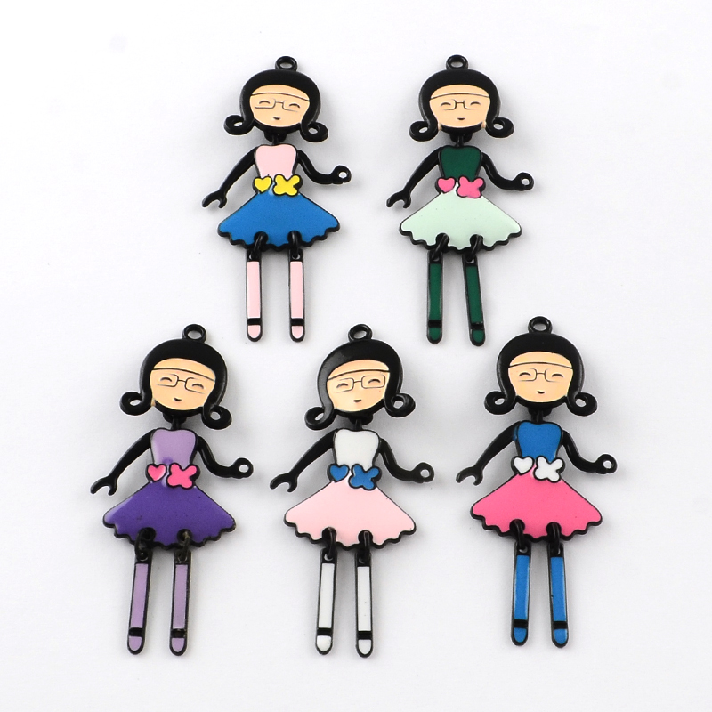 PandaHall Fashion Girl Zinc Alloy Enamel Big Pendants, Nickel Free, Gunmetal, 64x28x2mm, Hole: 2mm Alloy+Enamel Human Multicolor