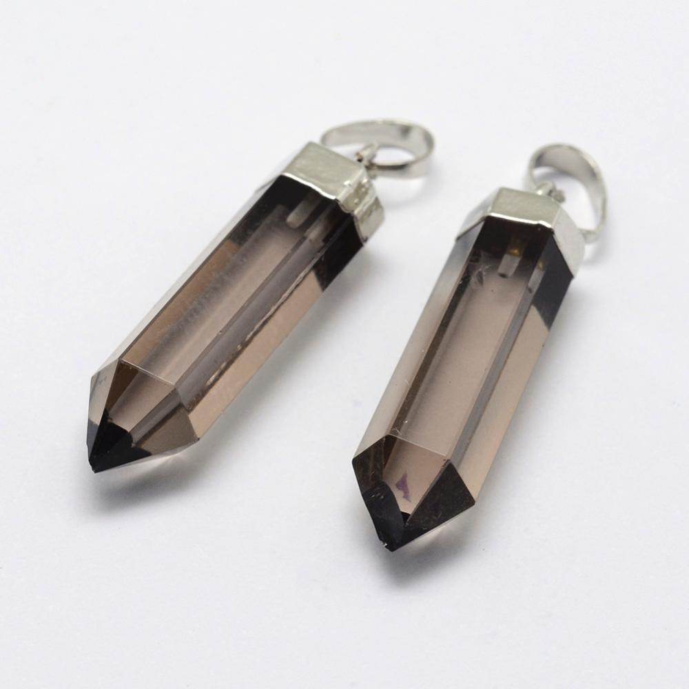PandaHall Natural Smoky Quartz Pendants, with Electroplated Brass Findings, Dyed, Long-Lasting Plated, Bullet, Silver, 28.5~29x6.5mm, Hole...