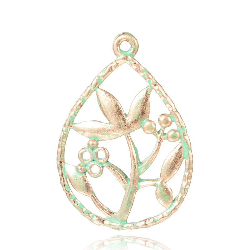 PandaHall Drop with Flower Alloy Pendants, Nickel Free, Antique Bronze & Green Patina, 31.5x22x2mm, Hole: 1.5mm Alloy Drop