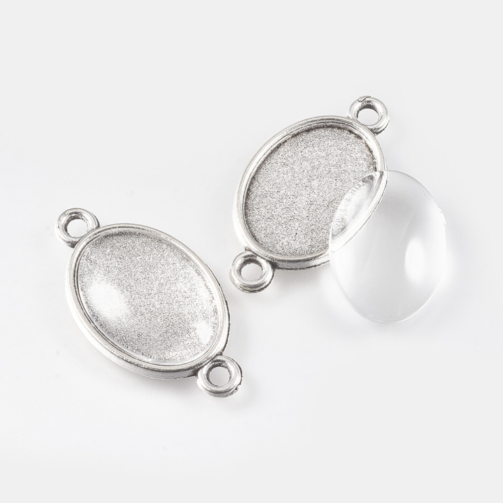 PandaHall DIY Link Making, with Tibetan Style Alloy Cabochon Connector Settings and Glass Cabochons, Oval, Antique Silver, 28.5x15.5x1.8mm...