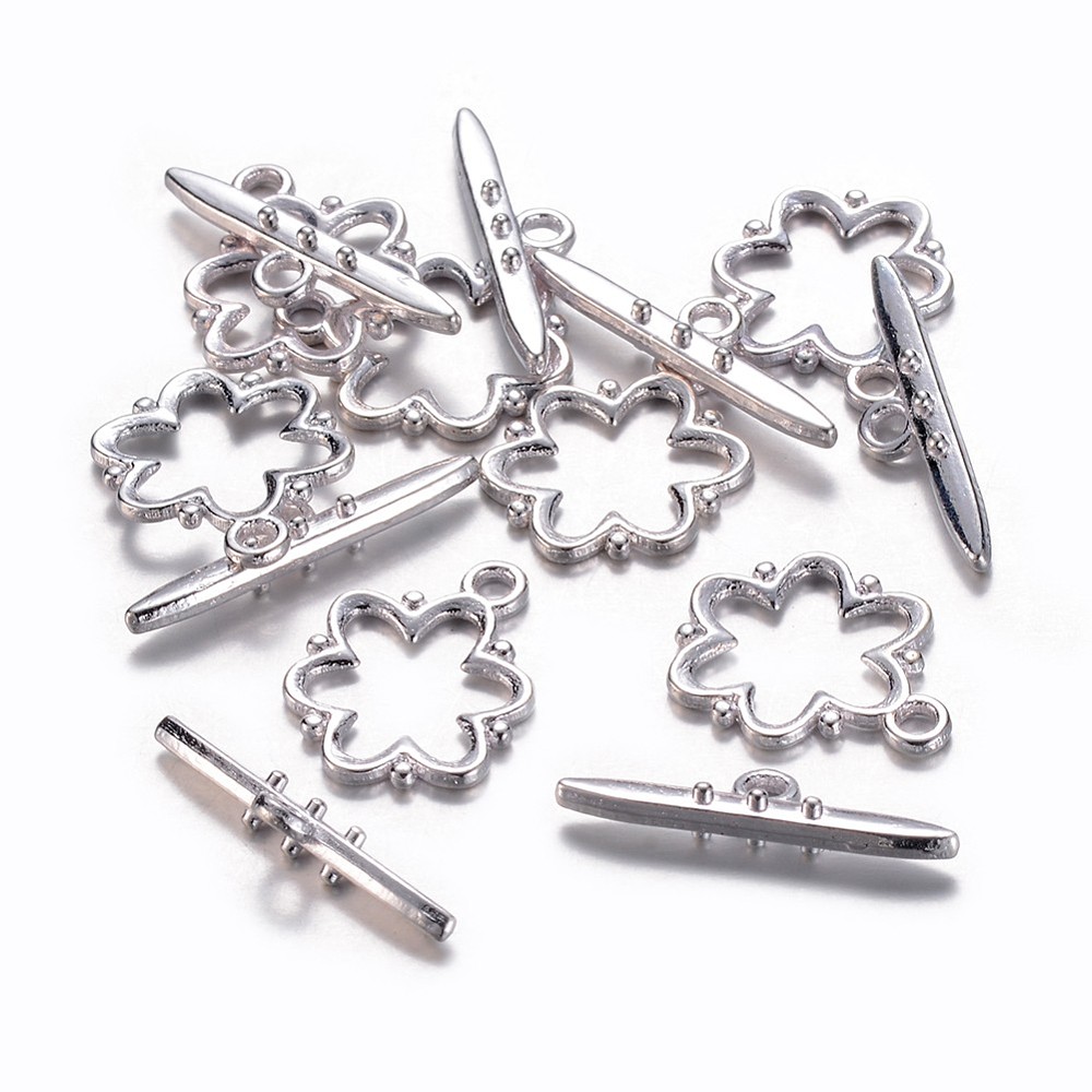 PandaHall Alloy Toggle Clasps, Nickel Free, Lead Free and Cadmium Free, Silver, Flower: 19x15x1.5mm, hole: 2mm. Bar: 24x6x4mm, hole: 2mm....