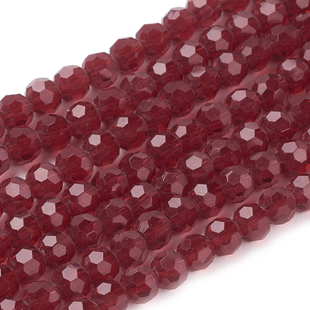 PandaHall Glass Beads Strands, Faceted, Round, DarkRed, 4mm, Hole: 1mm; about 100pcs/strand, 13.7" Glass Round Red