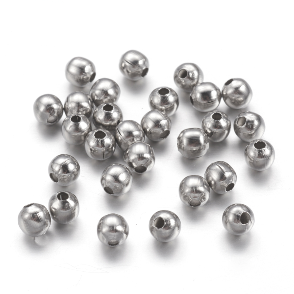 PandaHall 304 Stainless Steel Bead Spacers, Round, Stainless Steel Color, 4mm, Hole: 1mm Stainless Steel Round