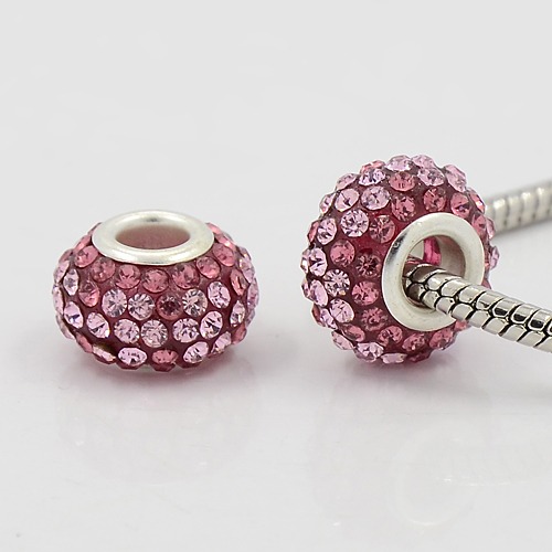 PandaHall Resin Rhinestone European Beads, Grade A, with Brass Double Cores, Silver Metal Color, Rondelle, Rose, 15x9mm, Hole: 5mm Rondelle